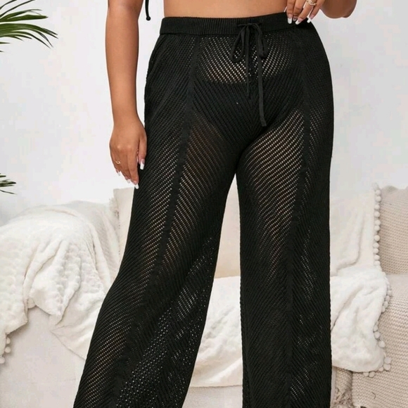 Black Hollow Knit Swimsuit Cover Up Pants - Picture 10 of 10